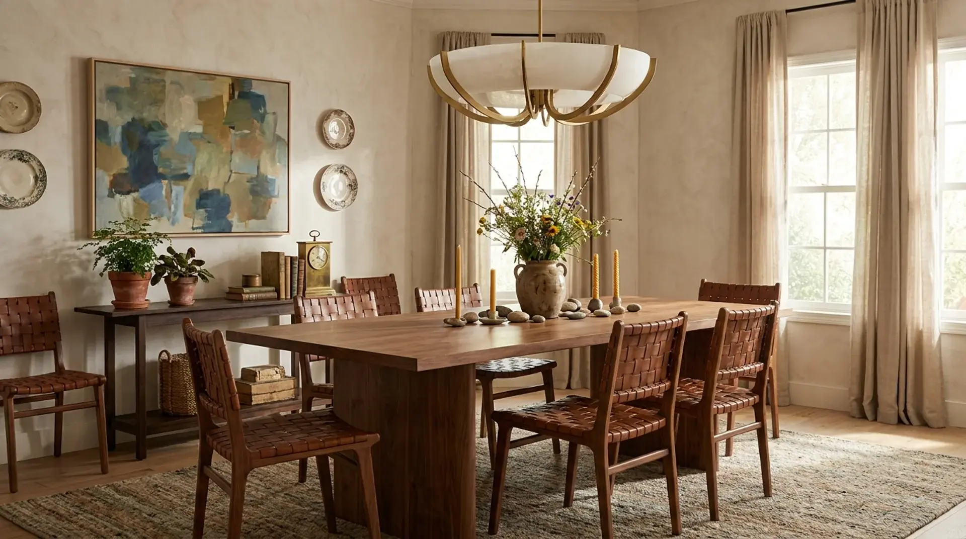 Eclectic dining room with mixed chairs, modern table, pendant light, and décor
