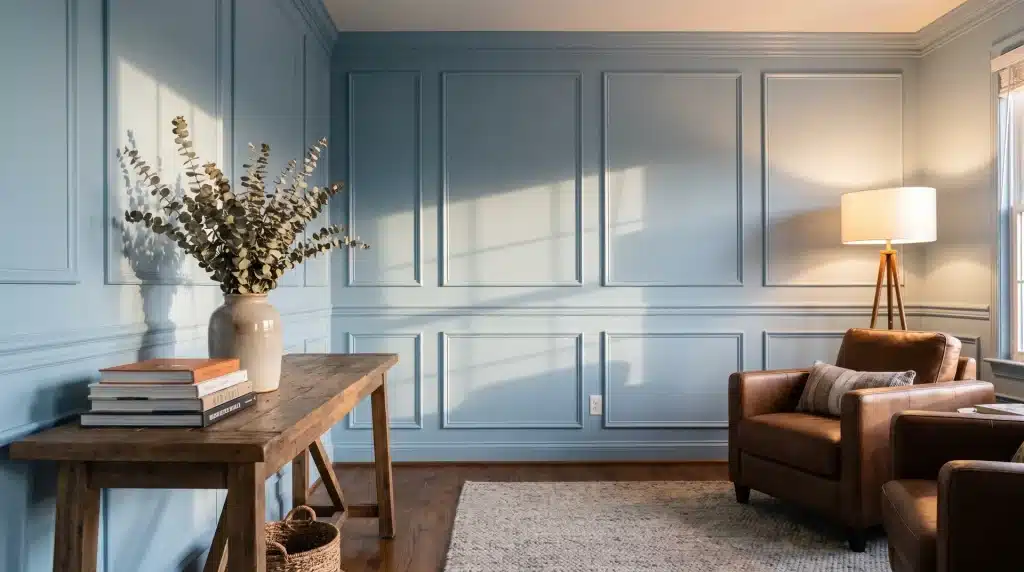Finished powder blue picture frame trim DIY accent wall in a warm living room with afternoon light.