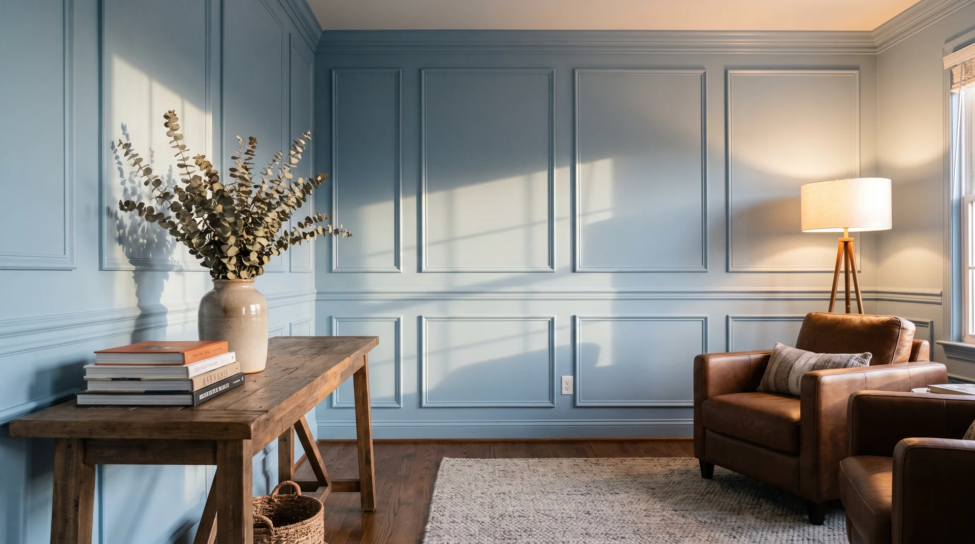 Finished powder blue picture frame trim DIY accent wall in a warm living room with afternoon light.