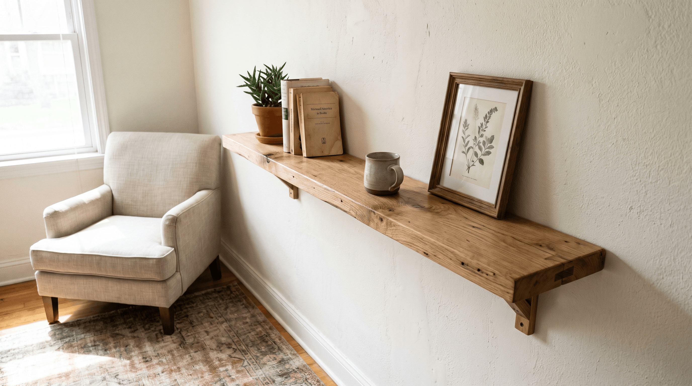 Handmade floating wooden shelf from a beginner woodworking project