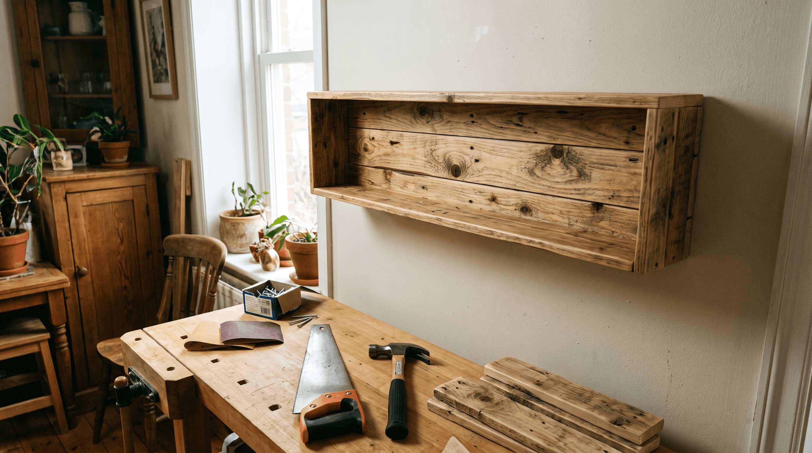 Rustic pallet wood shelf made from a beginner woodworking project