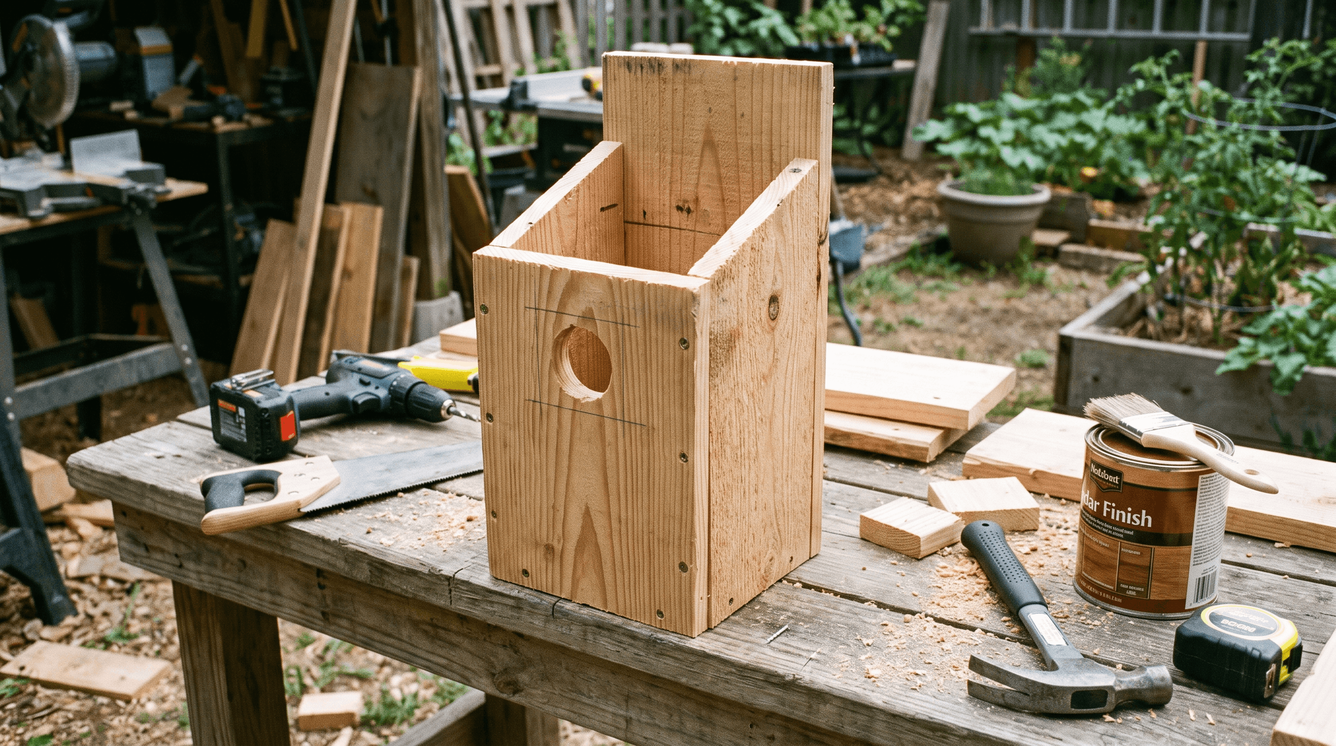 Handmade wooden birdhouse built as an easy beginner woodworking project