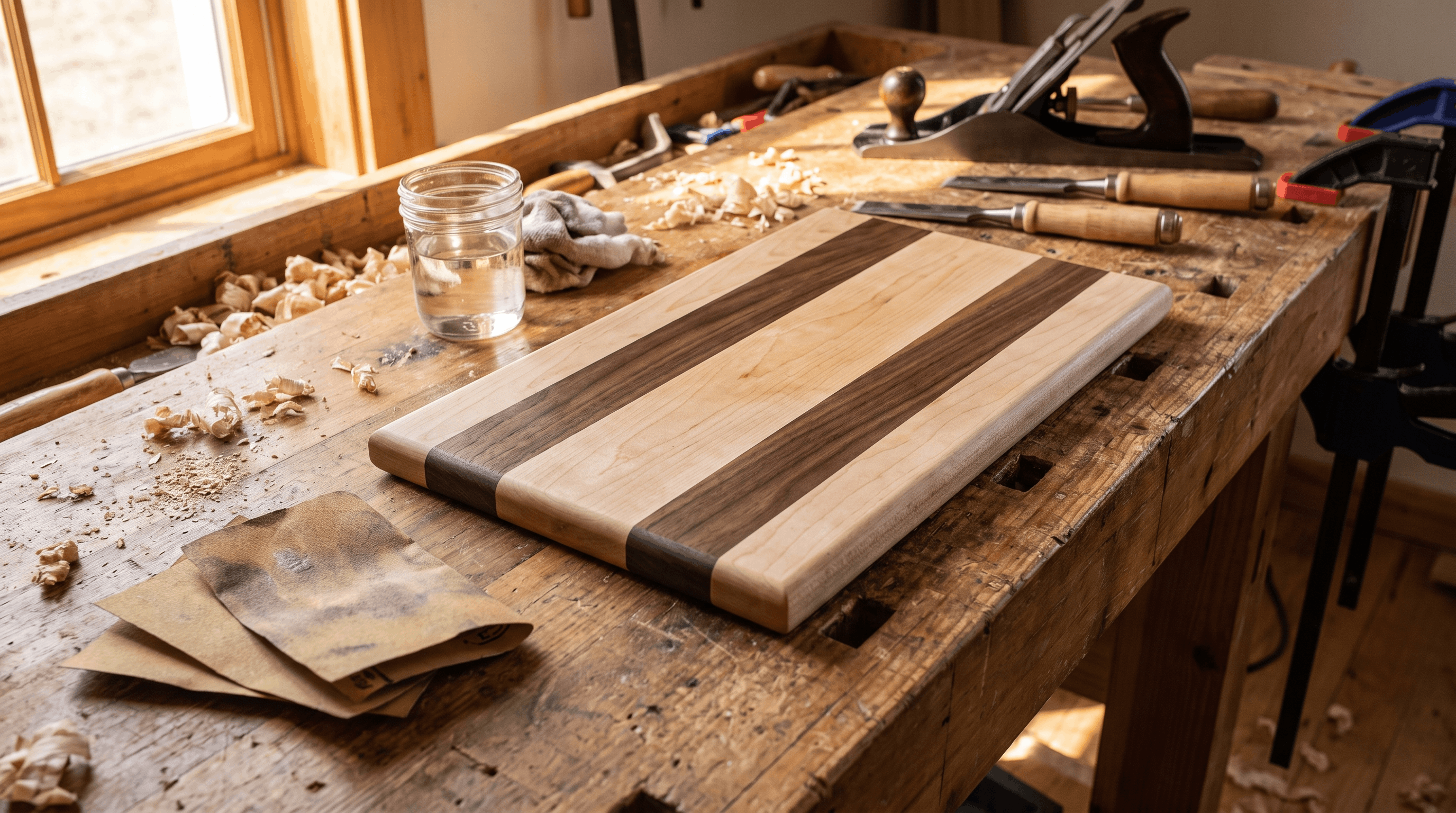 Handmade wooden cutting board from a beginner woodworking project