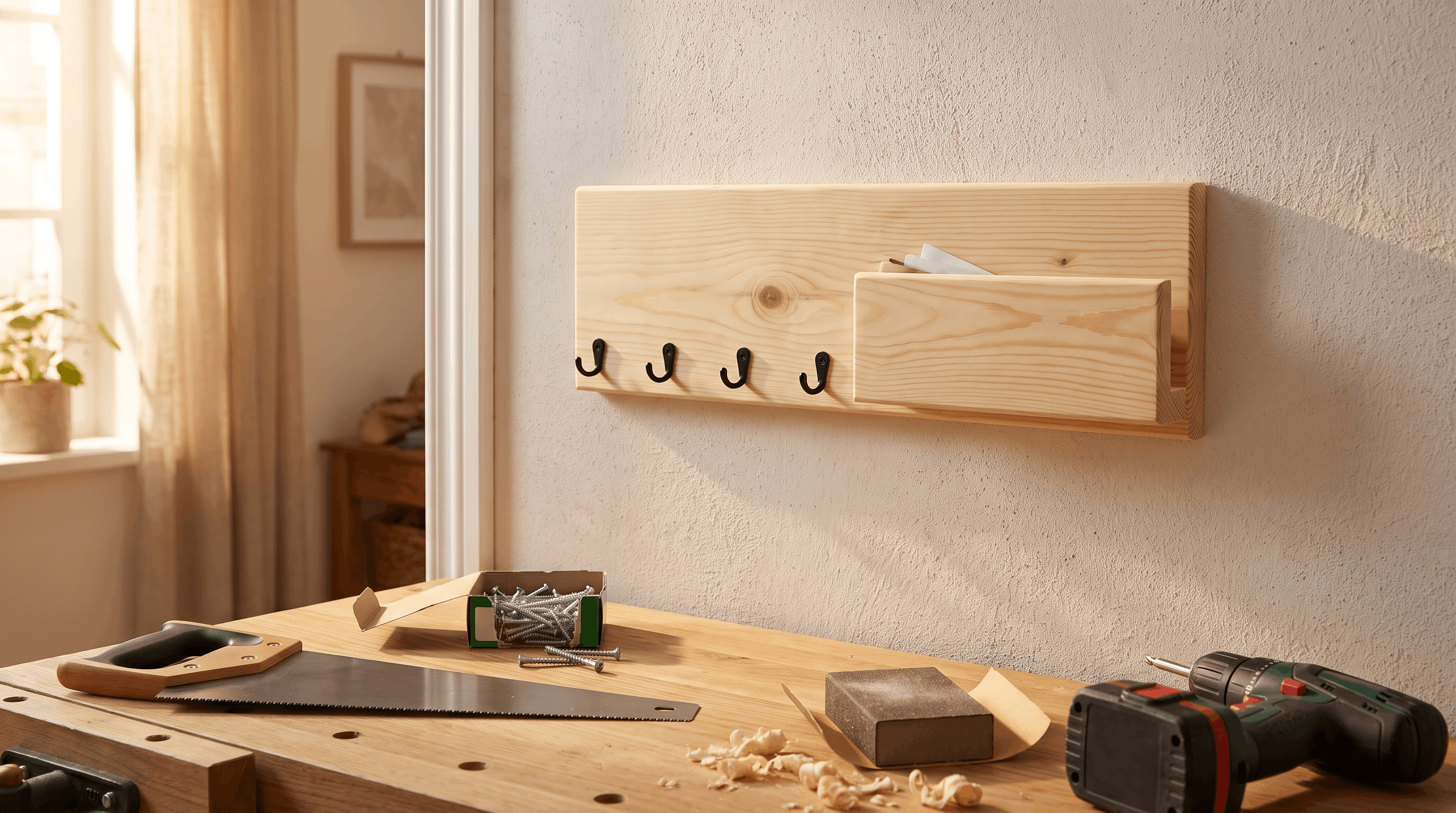 Handmade wooden key and mail holder from a beginner woodworking project