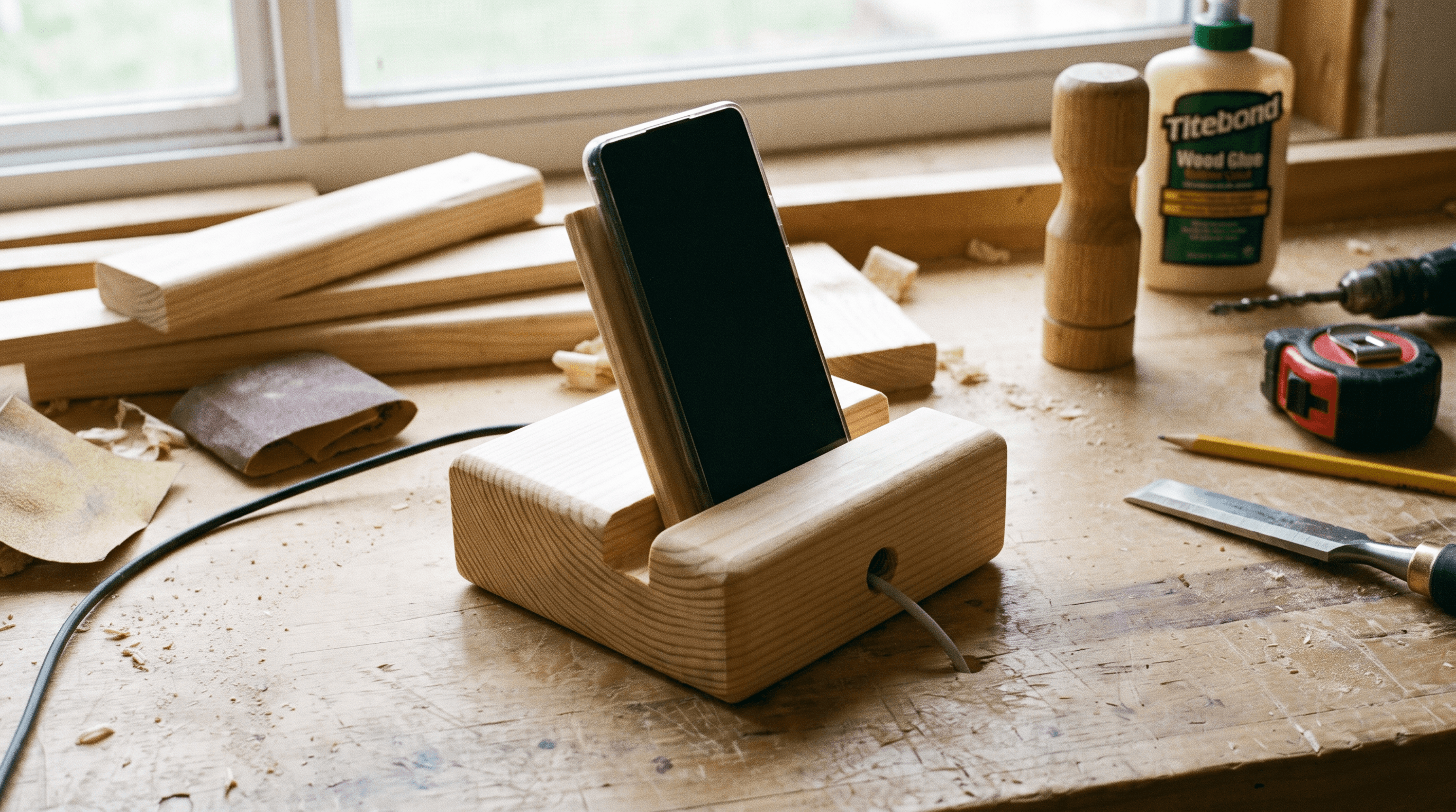 Handmade wooden phone charging dock from a beginner woodworking project