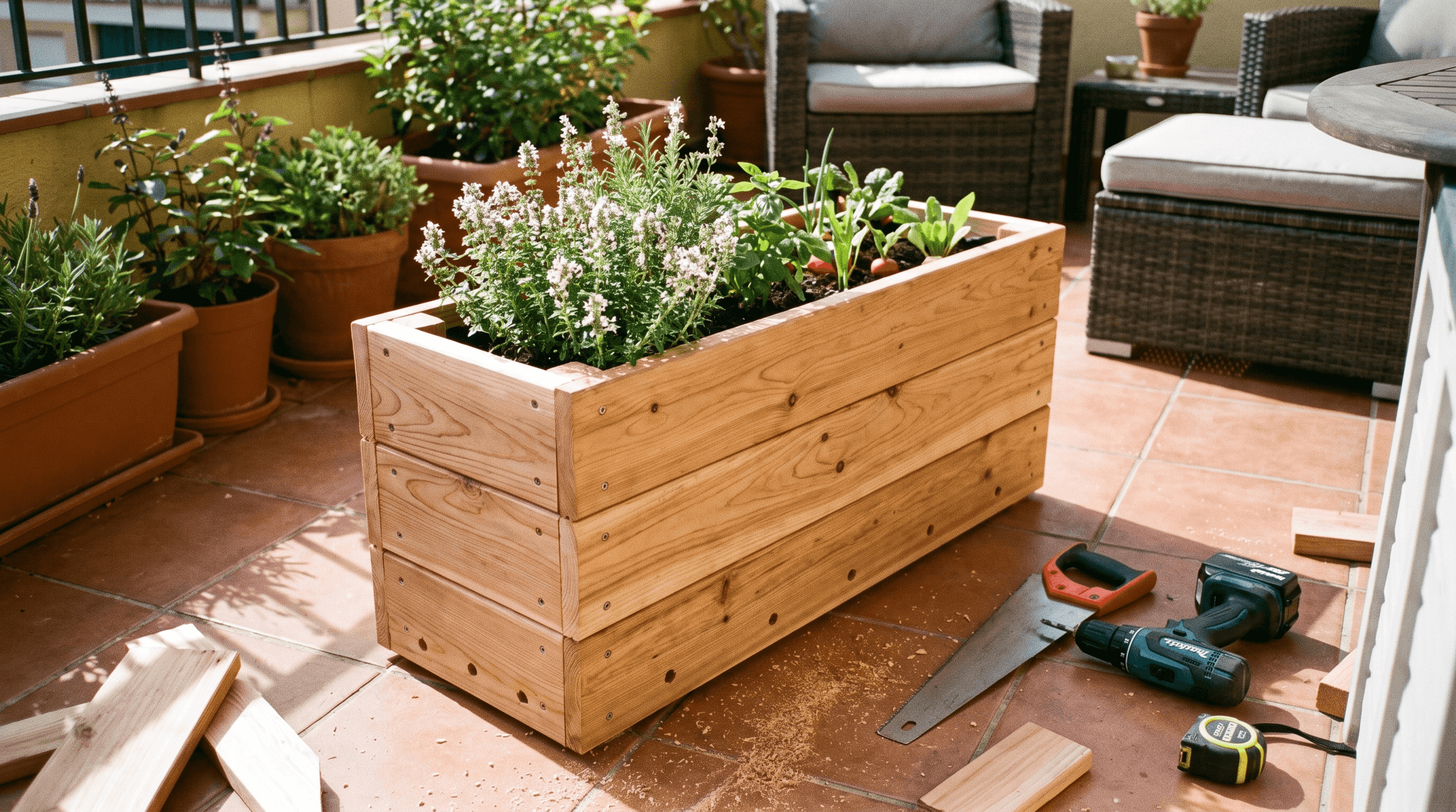 Handmade wooden planter box built as an easy beginner woodworking project