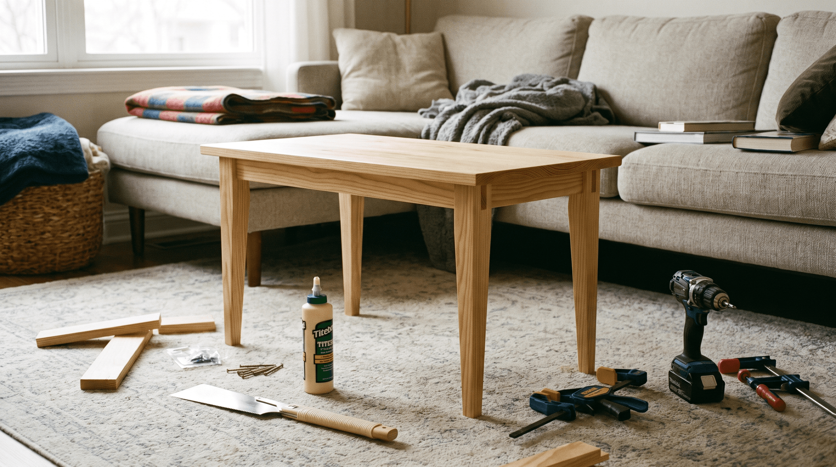 Handmade low wooden side table from a beginner woodworking project