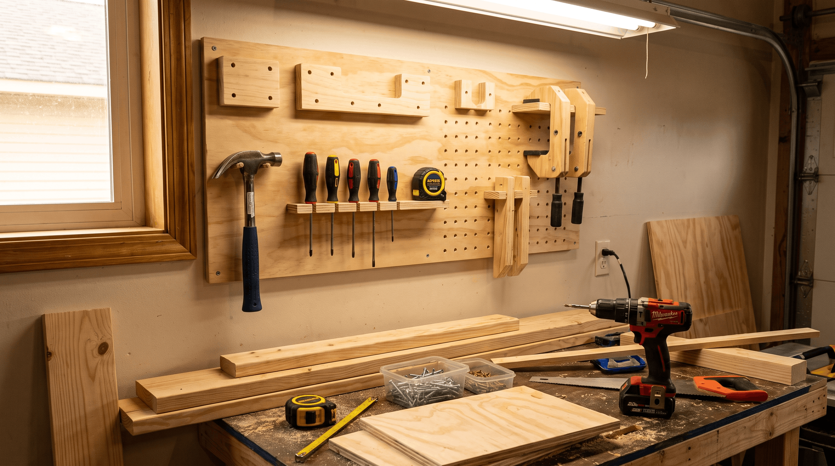 Handmade wooden tool organizer built from a beginner woodworking project