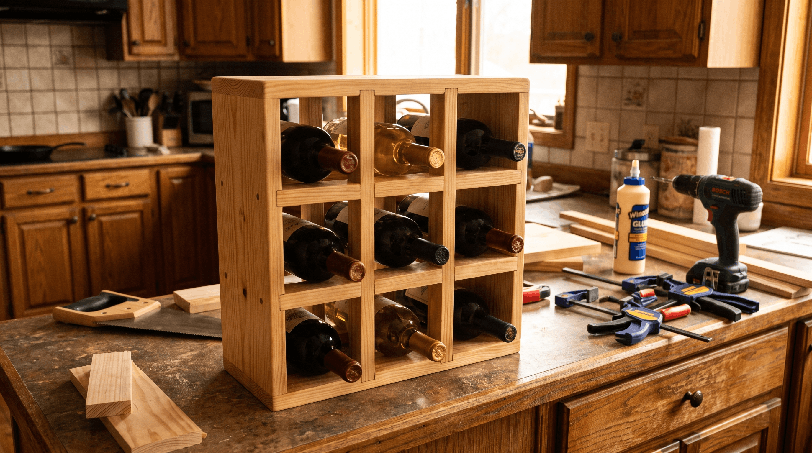 Handmade wooden wine rack created as an easy beginner woodworking project