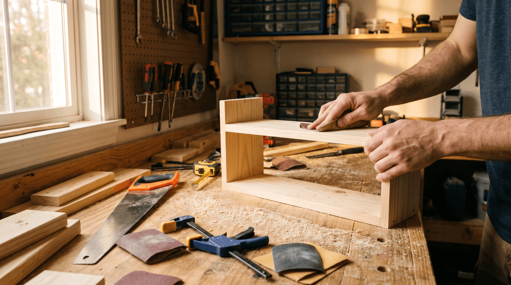 Beginner building an easy woodworking project with basic tools at home.