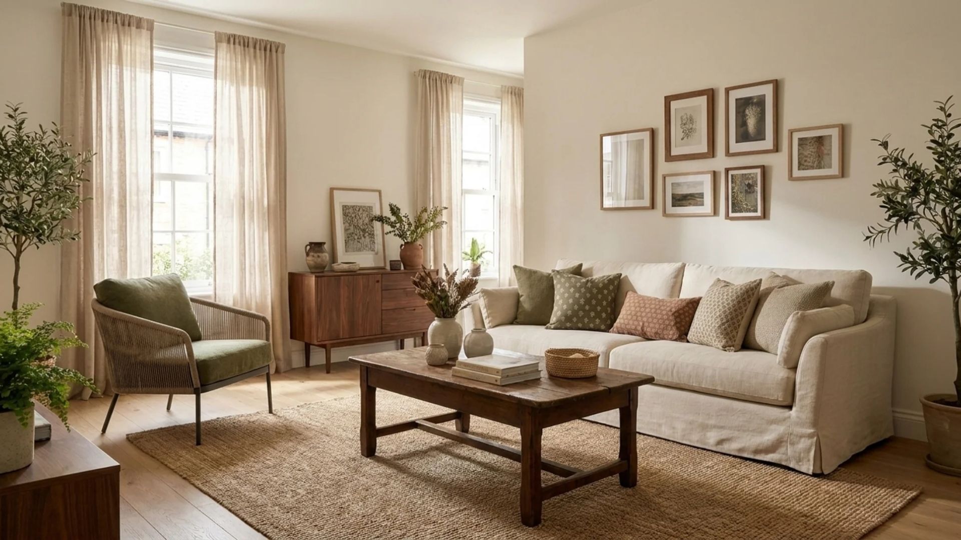 Budget-friendly eclectic living room with vintage furniture, neutral tones, layered décor and timeless character.
