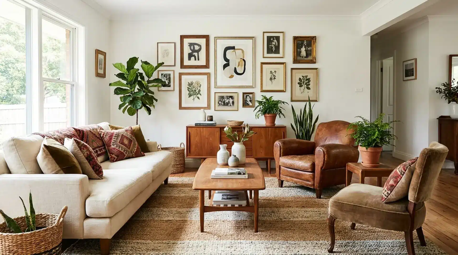 Eclectic interior design living room with mixed furniture, artwork, textures, and vintage accents