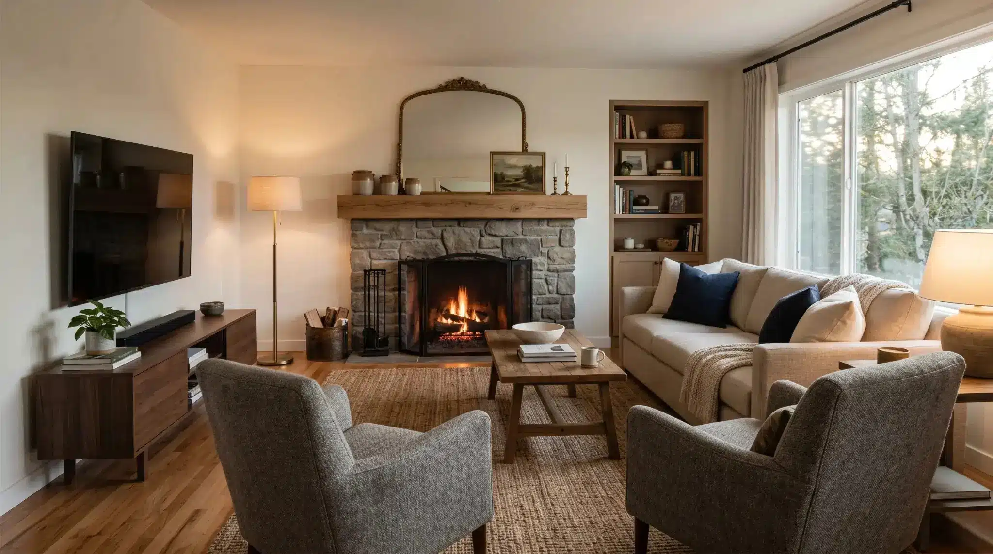 fireplace living room layout cozy seating around stone fireplace with sofa chairs coffee table and bookshelves