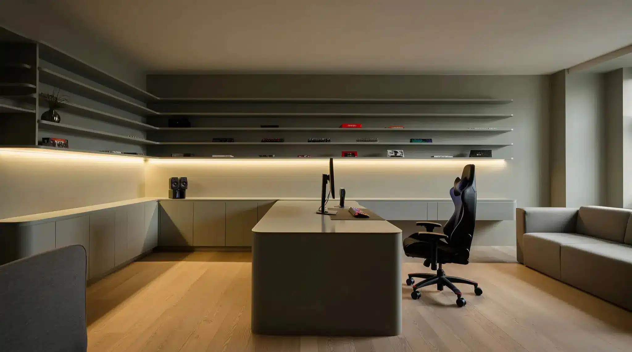 gaming room layout modern home office with gaming desk monitor ergonomic chair floating shelves and led lighting