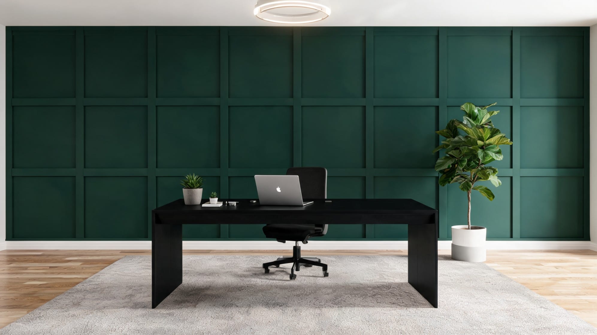 diy board and batten wall in a green home office with full height grid trim black desk and potted plant