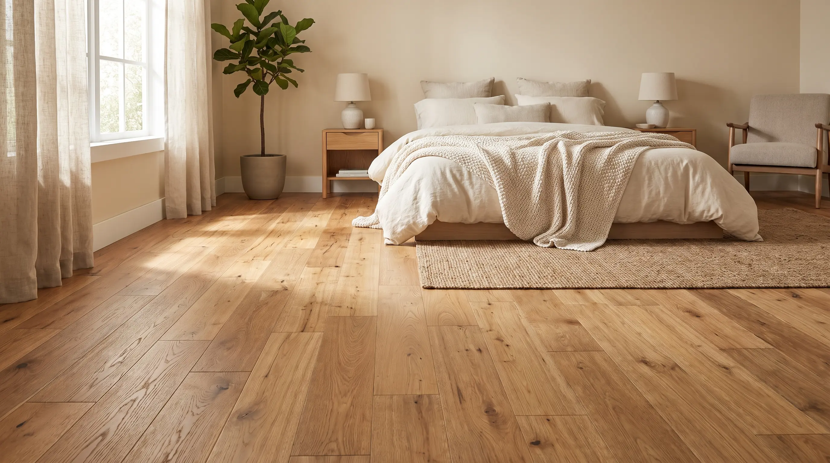 Bedroom with warm engineered hardwood flooring and natural interior lighting