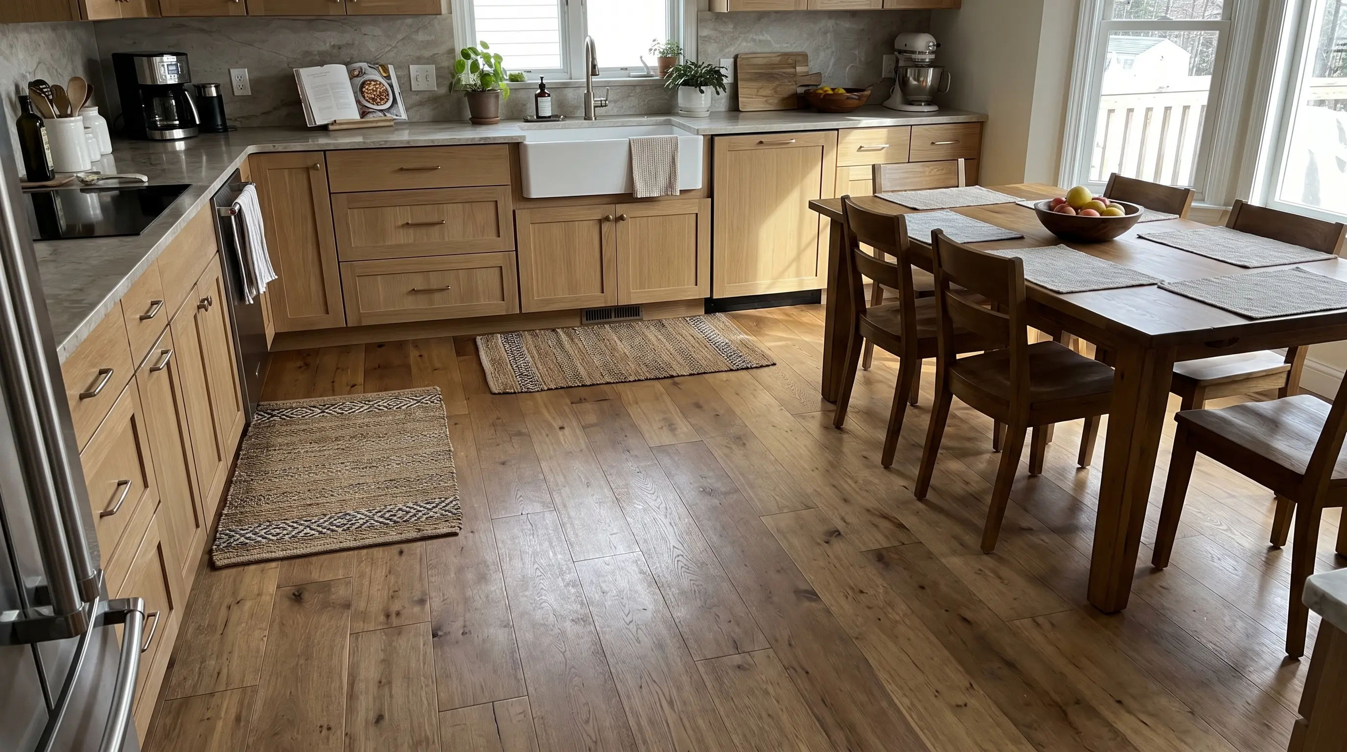Kitchen with engineered hardwood flooring and warm natural wood tones