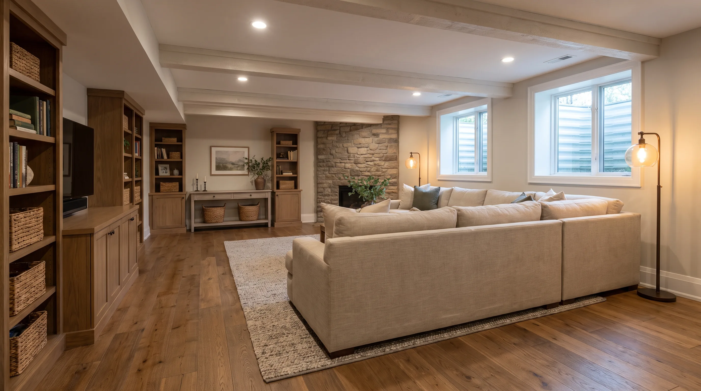 Finished basement with engineered hardwood flooring and comfortable living space
