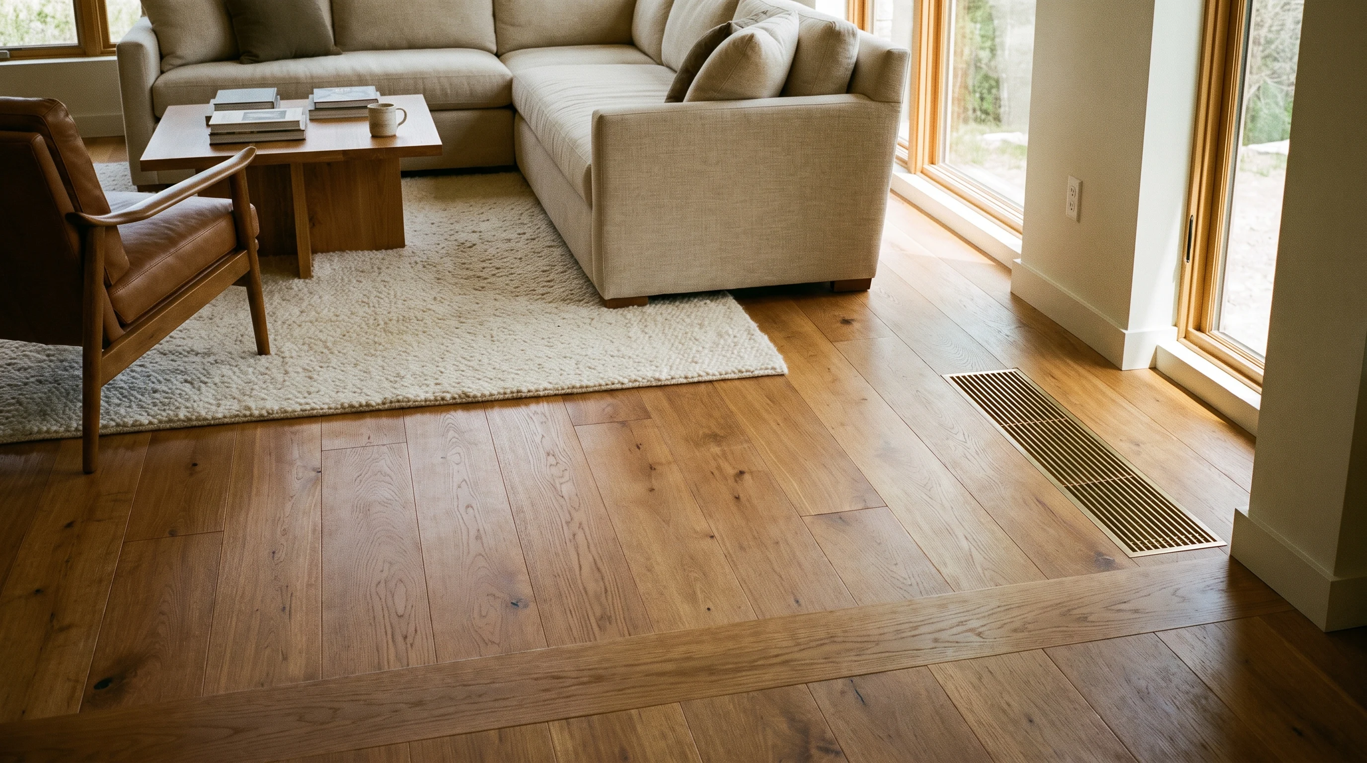 Engineered hardwood flooring in a warm room with radiant heating system
