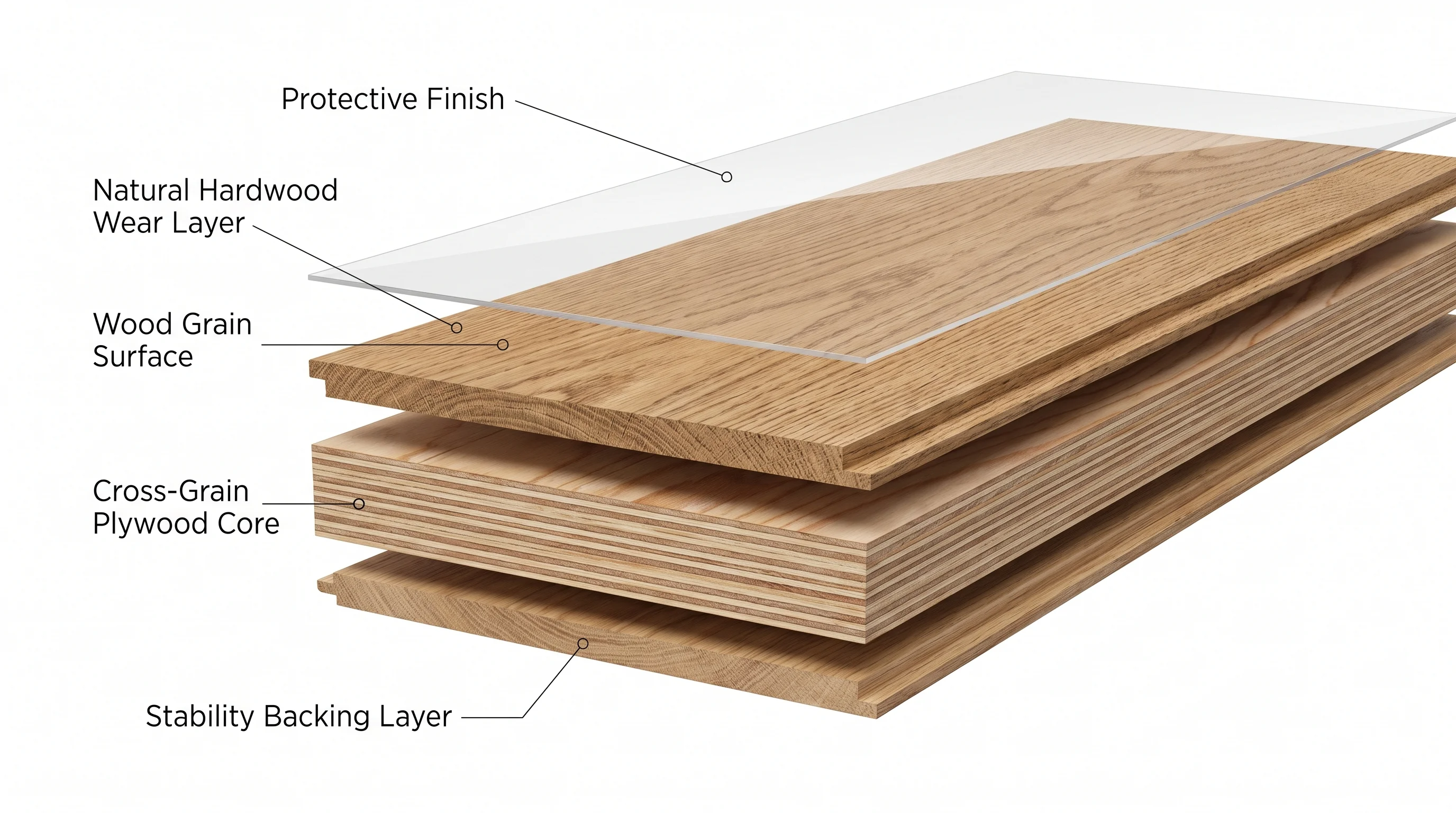 Engineered hardwood plank diagram showing wood layers and construction components