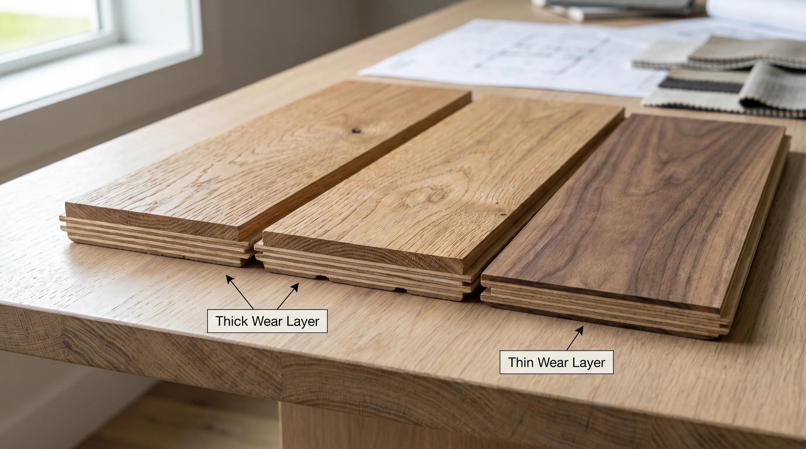 Engineered hardwood planks showing different wear layer thicknesses