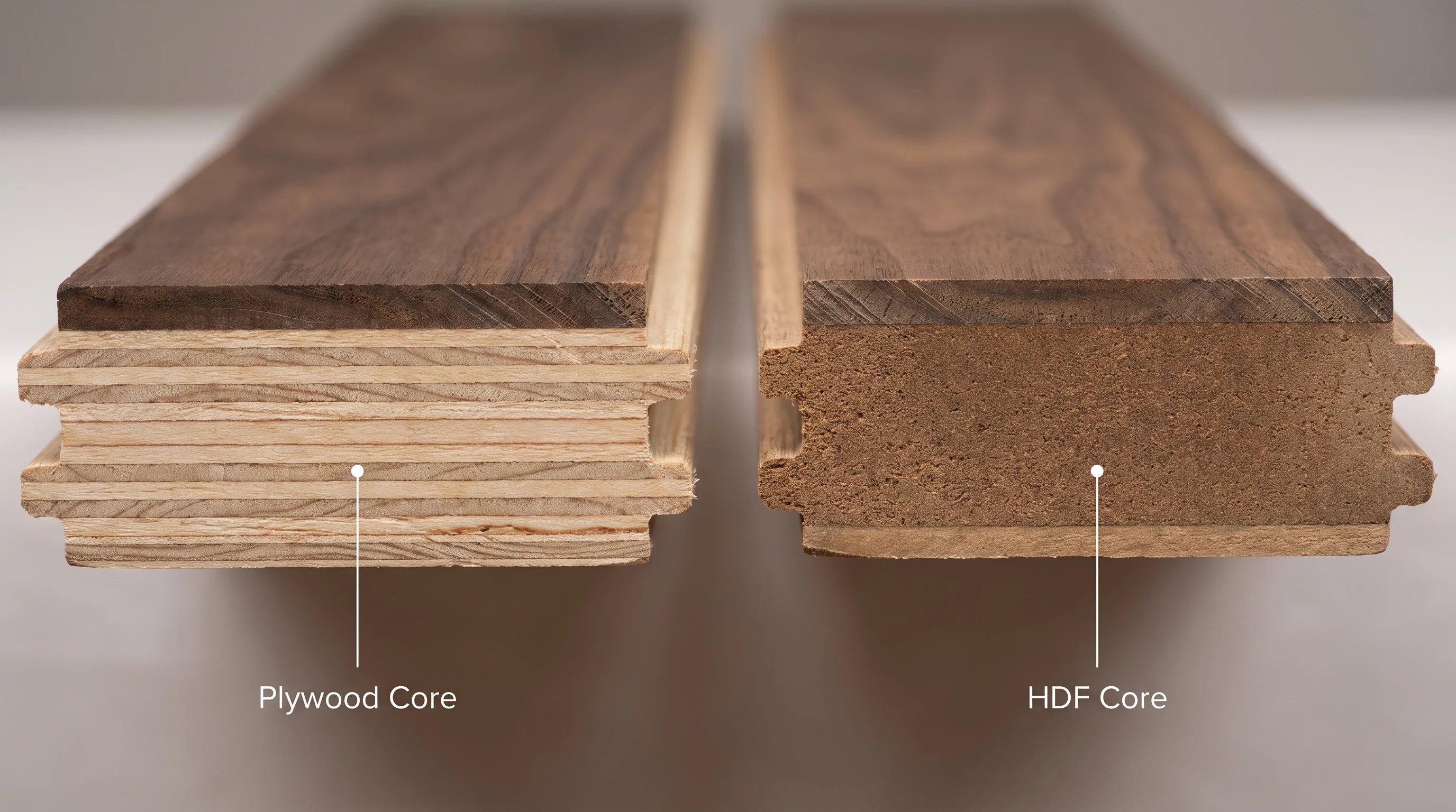 Comparison of plywood and HDF cores inside engineered hardwood flooring