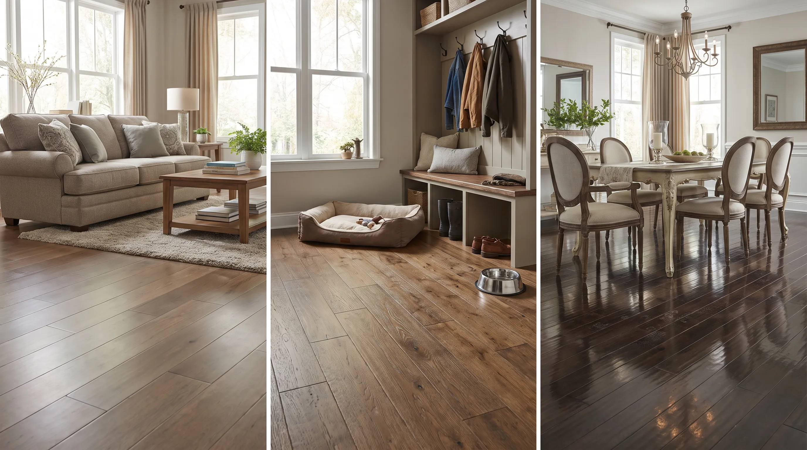 Different engineered hardwood finishes shown in realistic home interiors