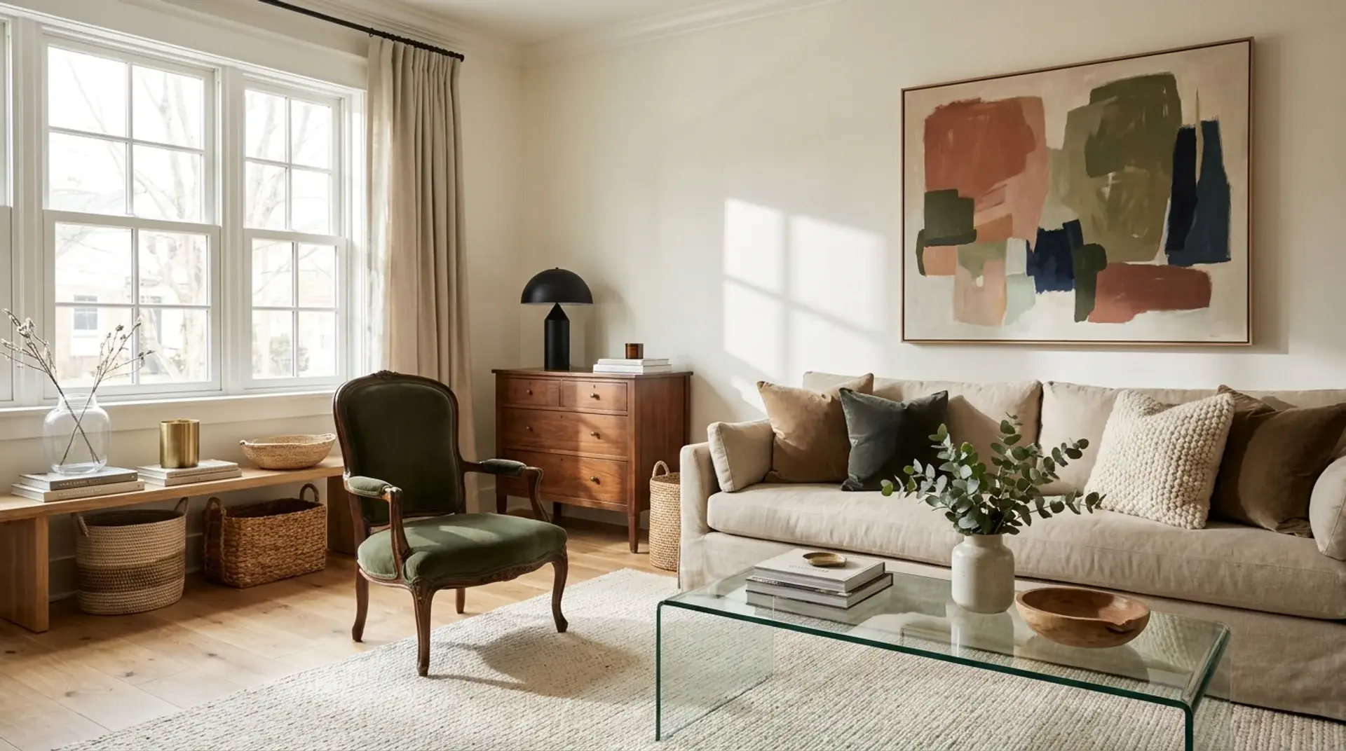 Thoughtfully designed eclectic living room with mixed furniture styles, layered textures and balanced open space.