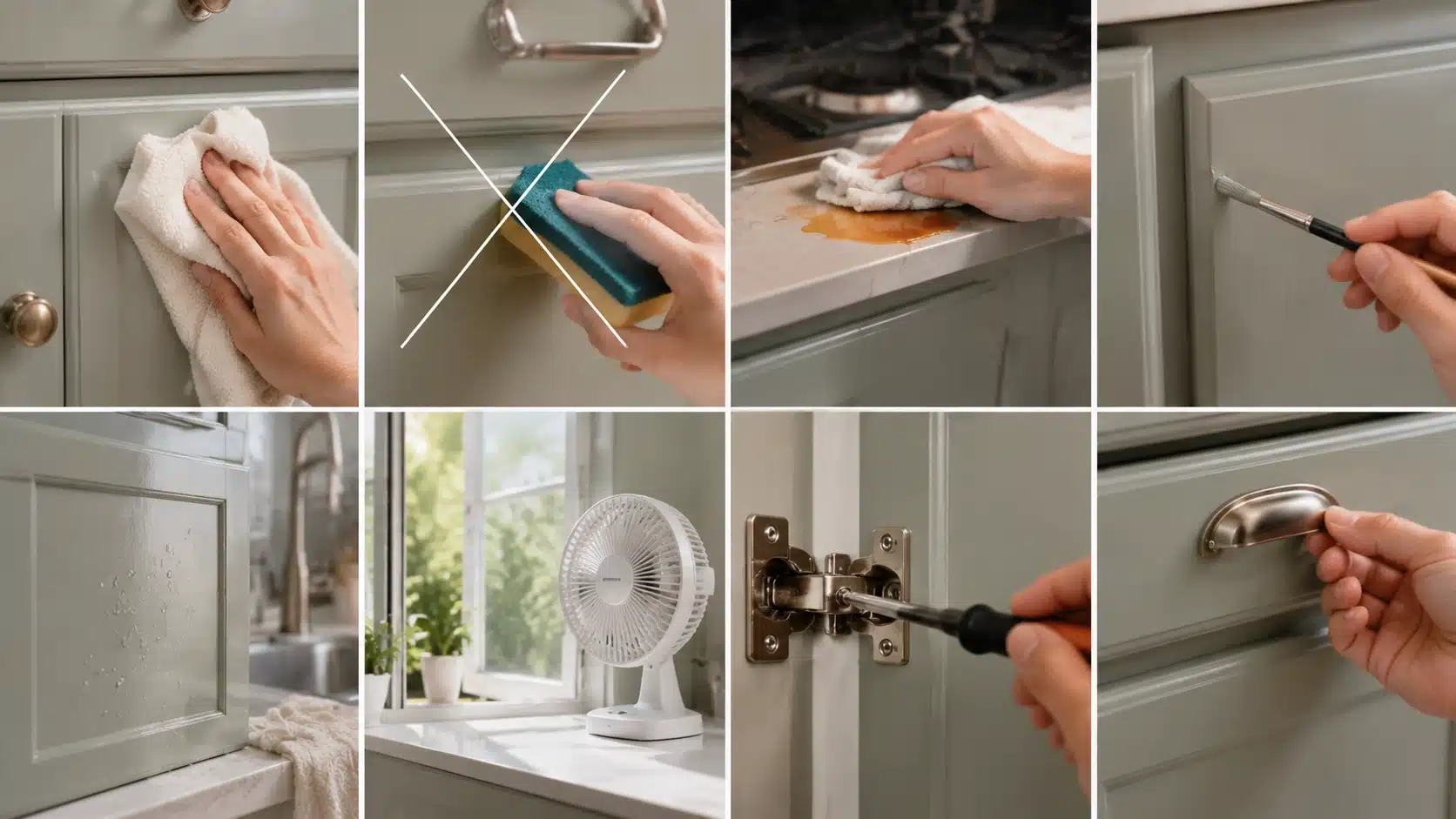 Hands cleaning and maintaining painted kitchen cabinets with gentle wiping, touch-ups, moisture control, and hardware adjustments.
