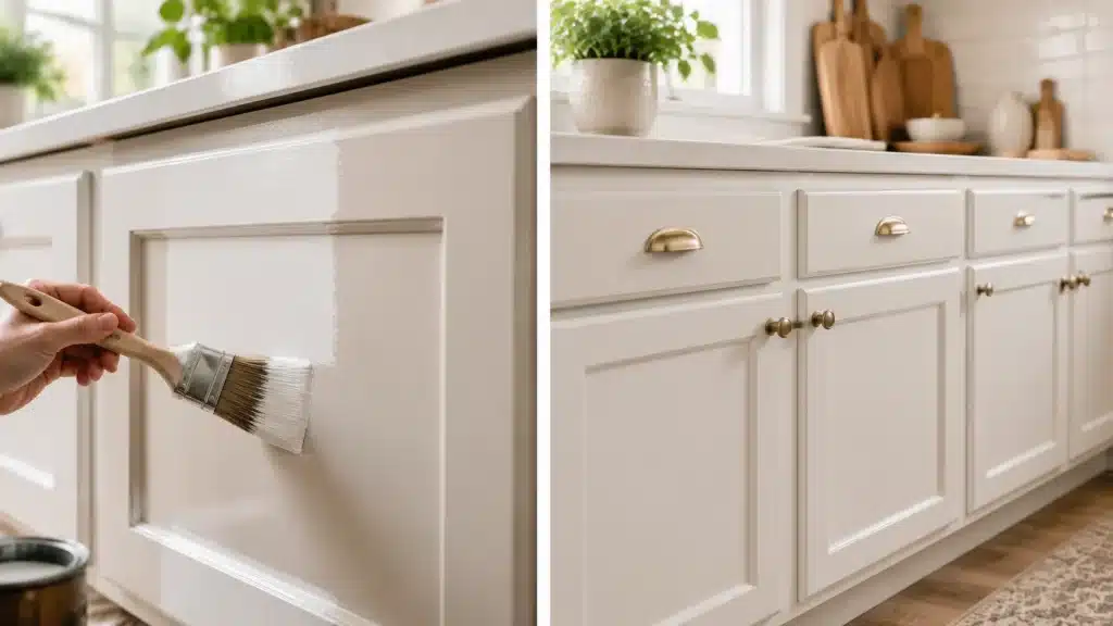 Freshly painted kitchen cabinets with a brush painting process and finished white cabinet makeover in a bright modern kitchen.