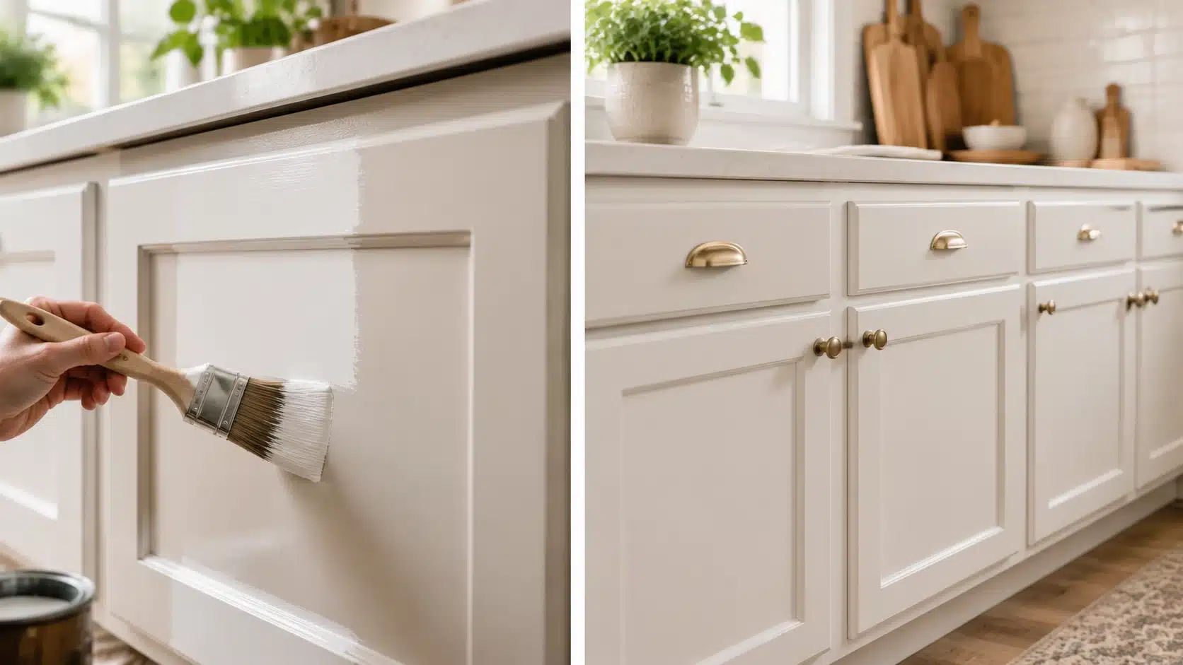 Freshly painted kitchen cabinets with a brush painting process and finished white cabinet makeover in a bright modern kitchen.