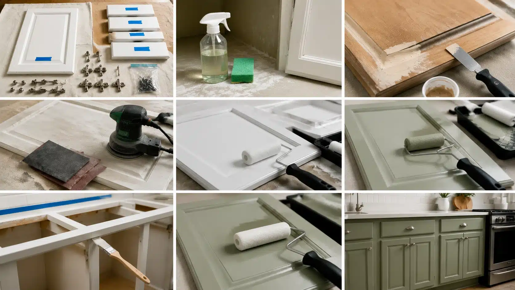 9-panel collage showing the step-by-step process of painting kitchen cabinets, including cleaning, sanding, priming, painting, and finishing.