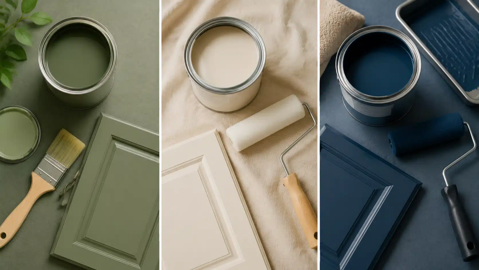 Three-panel image showing kitchen cabinet paint options with paint cans, brushes, rollers, and cabinet panels in different finishes.