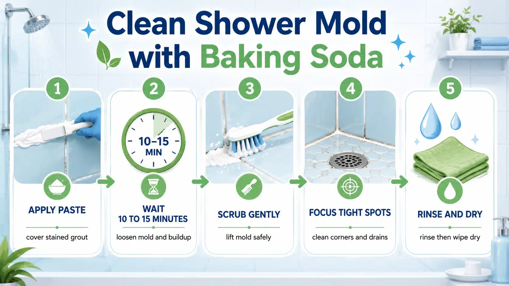 how to remove mold from shower with baking soda paste wait scrub rinse and dry steps