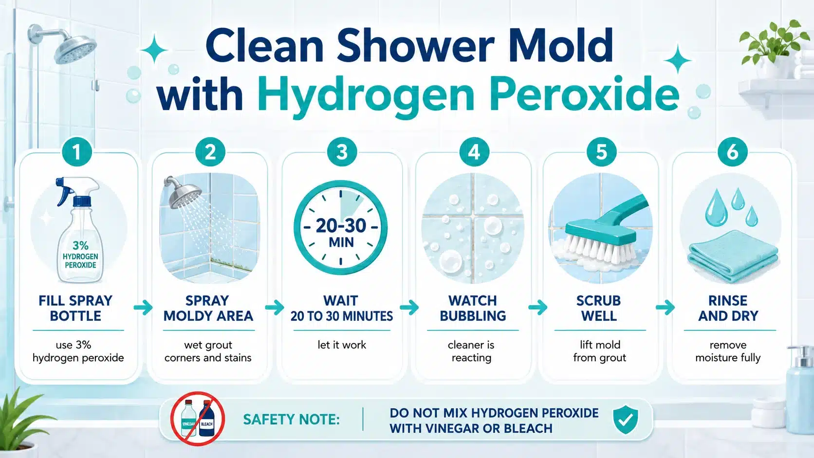 how to remove mold from shower with hydrogen peroxide spray wait scrub rinse and dry steps