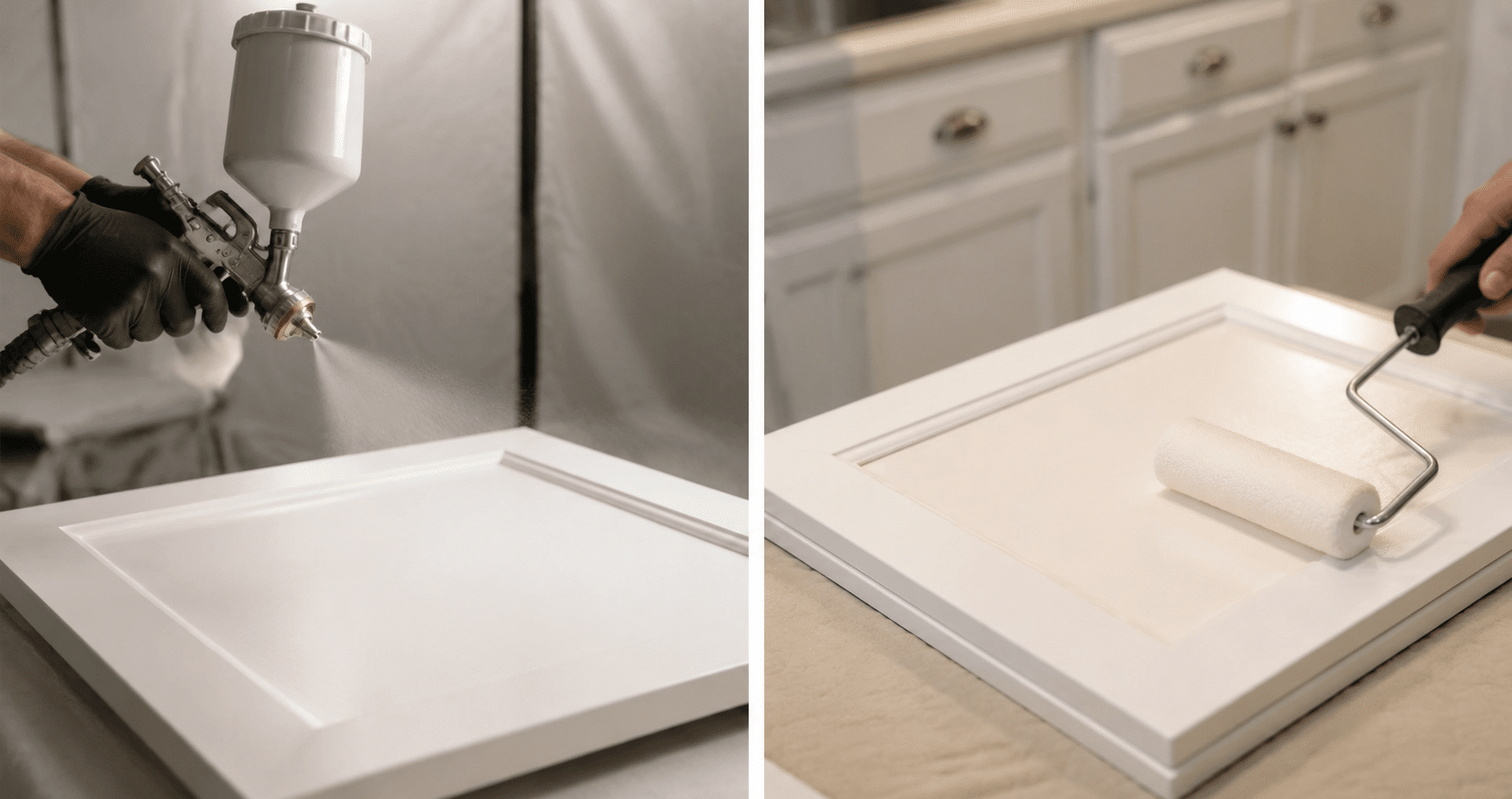 Spray painting vs brush painting cabinets with a sprayer and foam roller showing two cabinet finishing methods side by side.