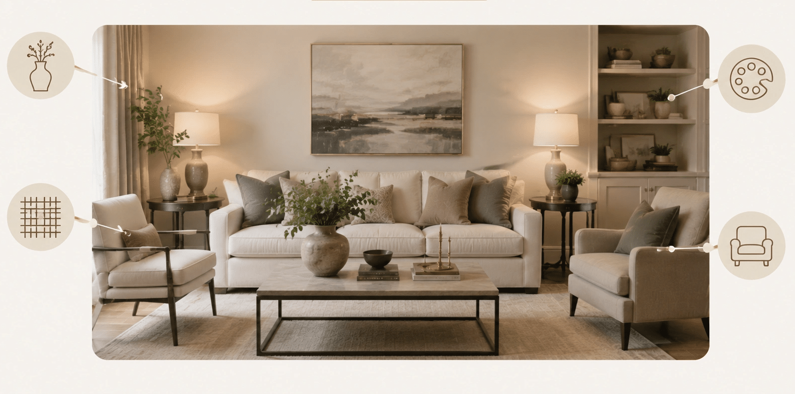 Minimal transitional interior design room highlighting common design mistakes with visual pointers and balanced decor.