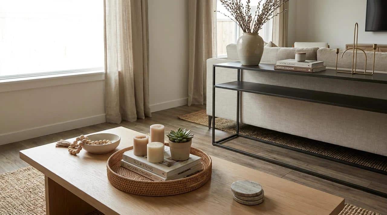 Organized decorative surfaces with trays and minimal accessories.