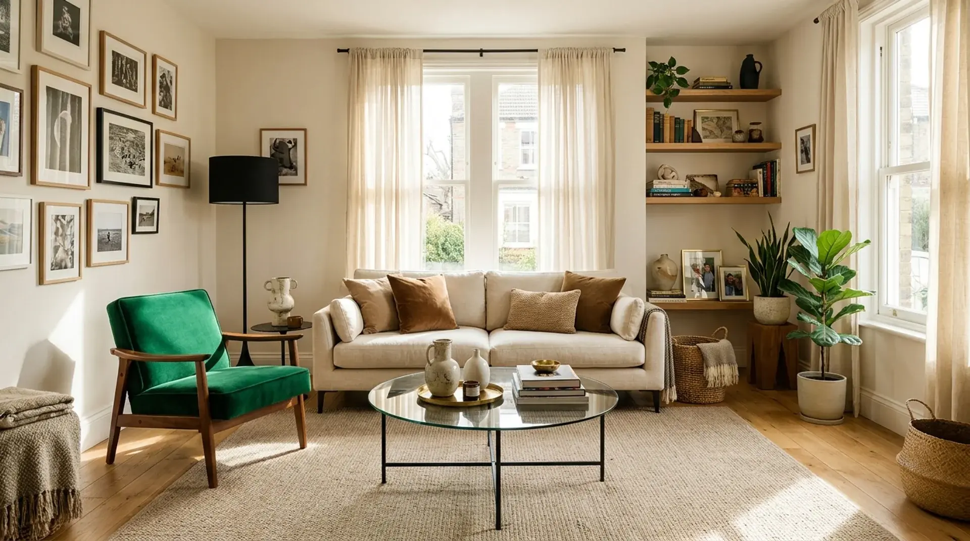 Eclectic living room with neutral décor, mixed furniture styles, layered textures and curated personal accents.