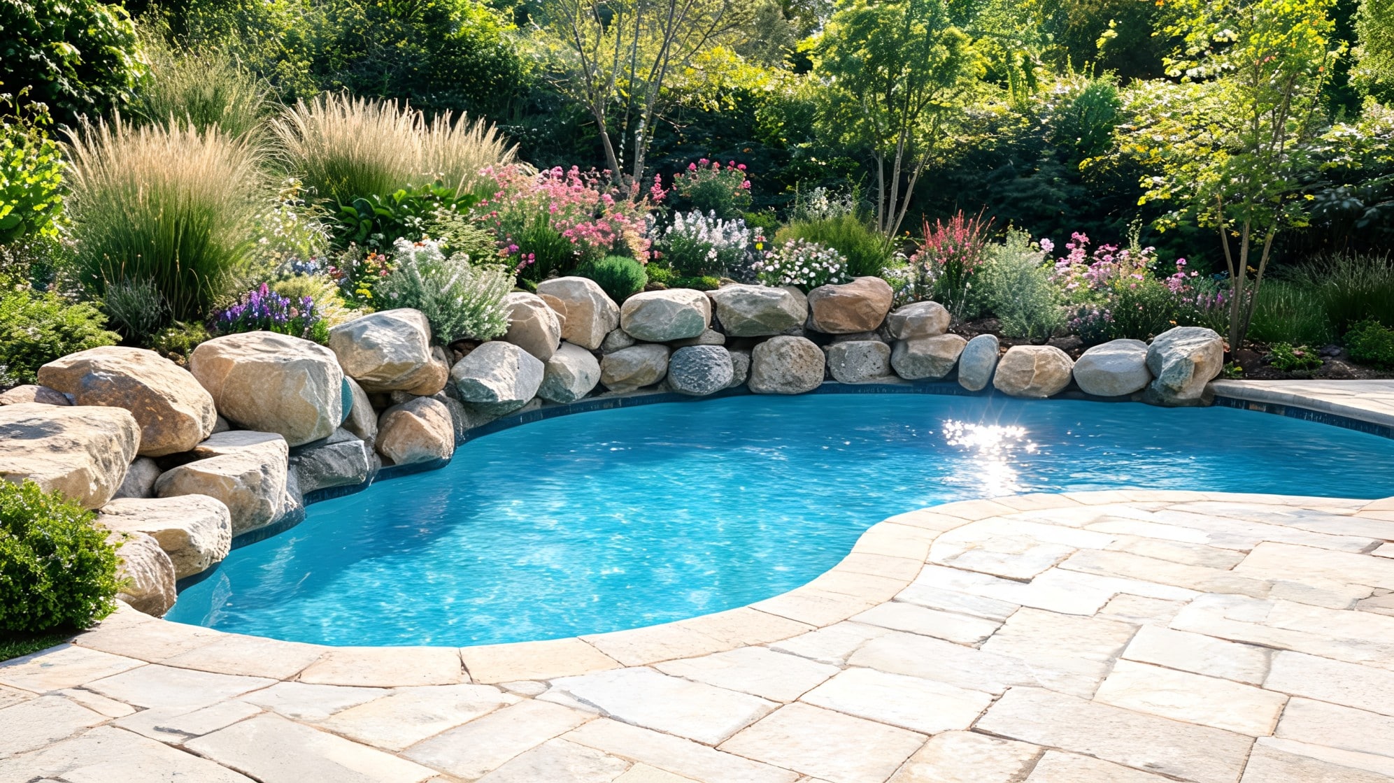 rock around pool ideas with large boulder border flagstone deck flowers and bright blue curved pool water