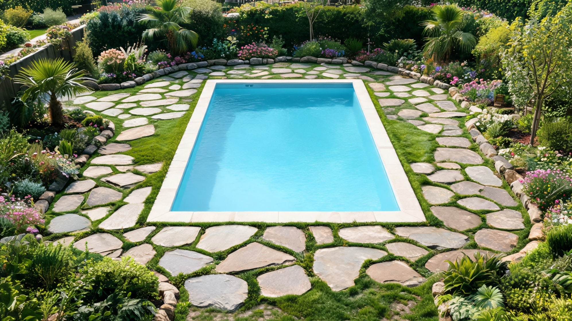 rock around pool ideas with large flagstone path green joints stone border flowers and rectangular pool design