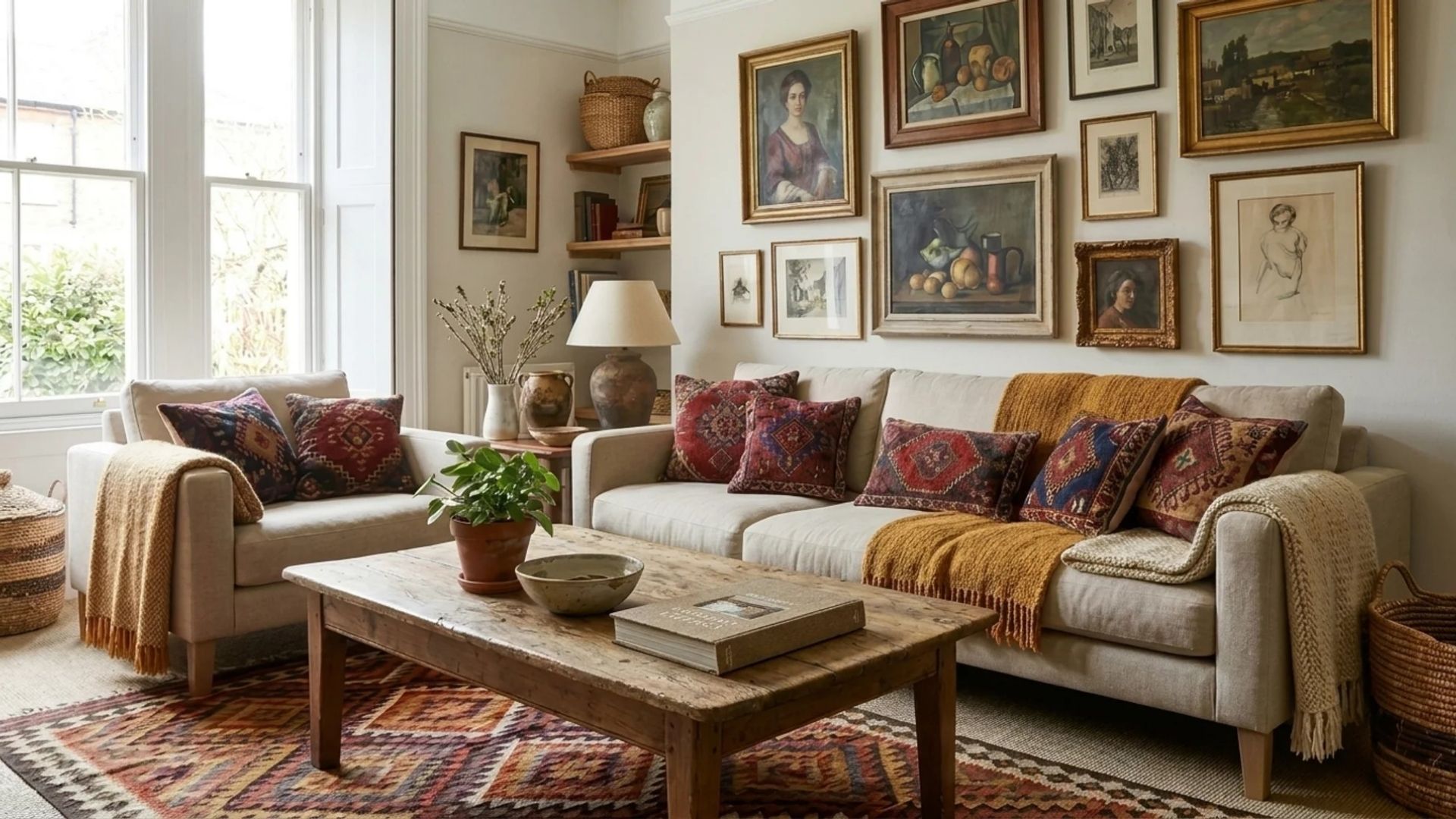 Eclectic living room with neutral sofa, vintage table, layered textiles, and mixed artwork