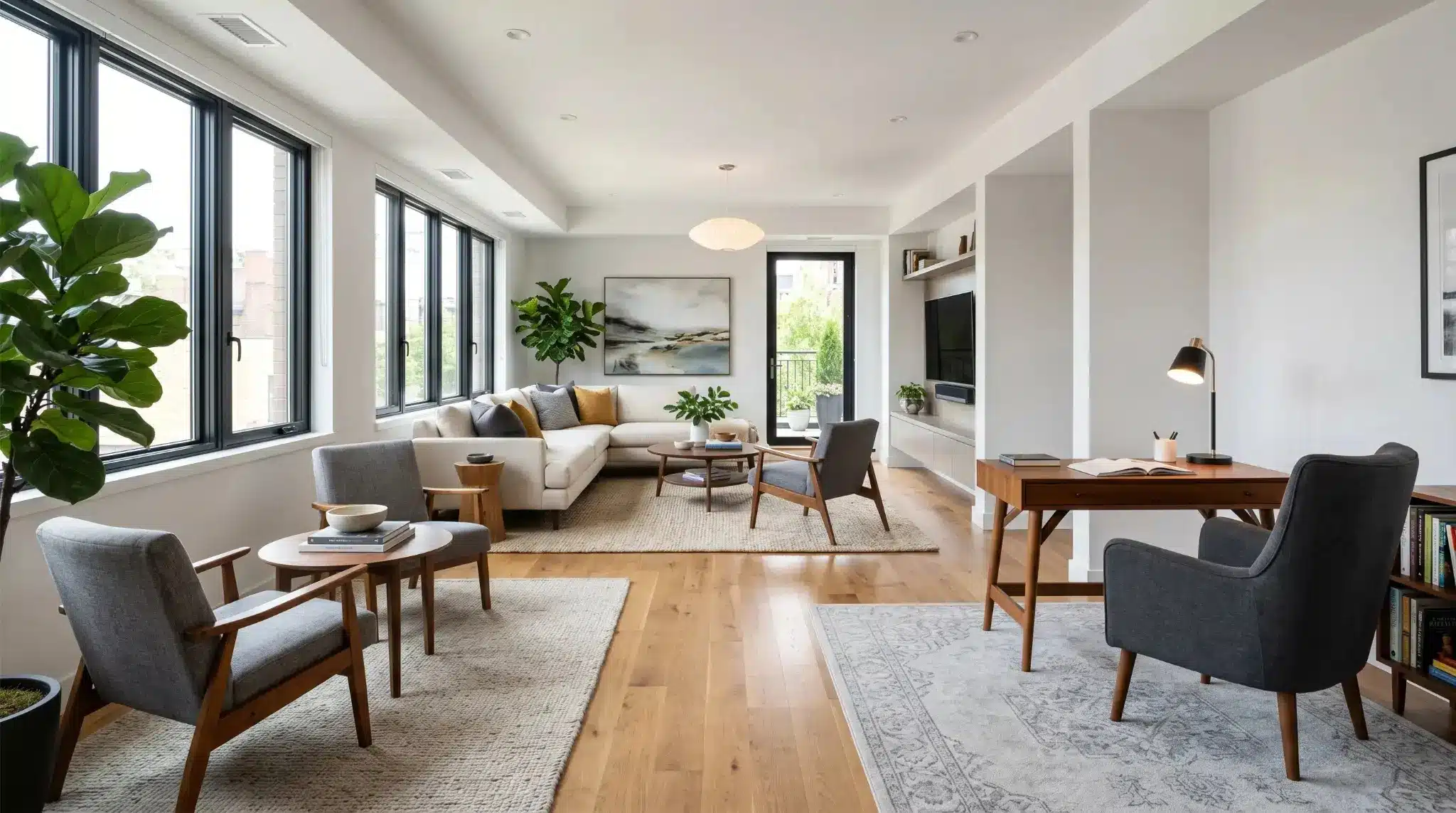 long room two zones open living room divided into seating area and home office with rugs and furniture (1)