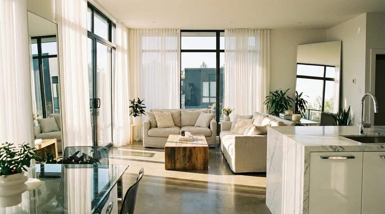 Bright room using natural light with clear windows and sheer curtains.