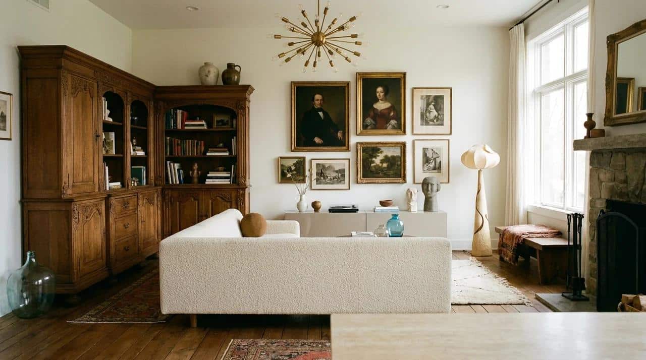 Interior combining modern furniture with vintage decorative pieces.