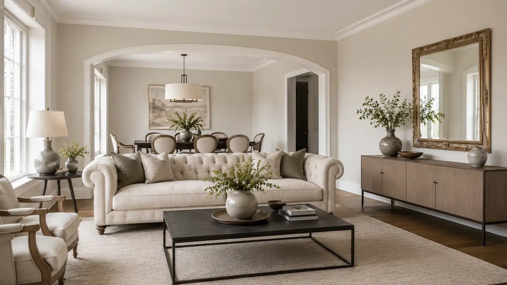 Transitional living room with a tufted sofa, modern coffee table, classic chairs, and carved wood mirror blending traditional and modern furniture