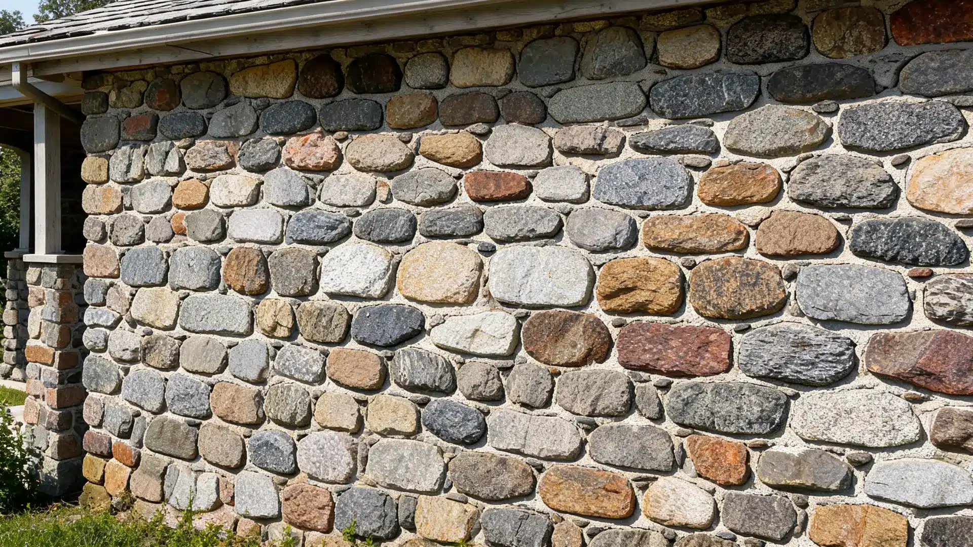 mixed fieldstone wall on a farmhouse exterior