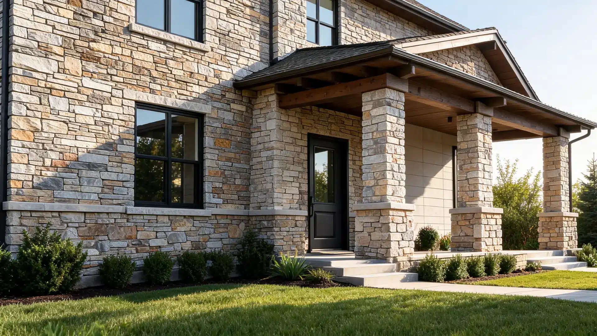 modern house exterior featuring natural stone manufactured veneer and faux stone panels