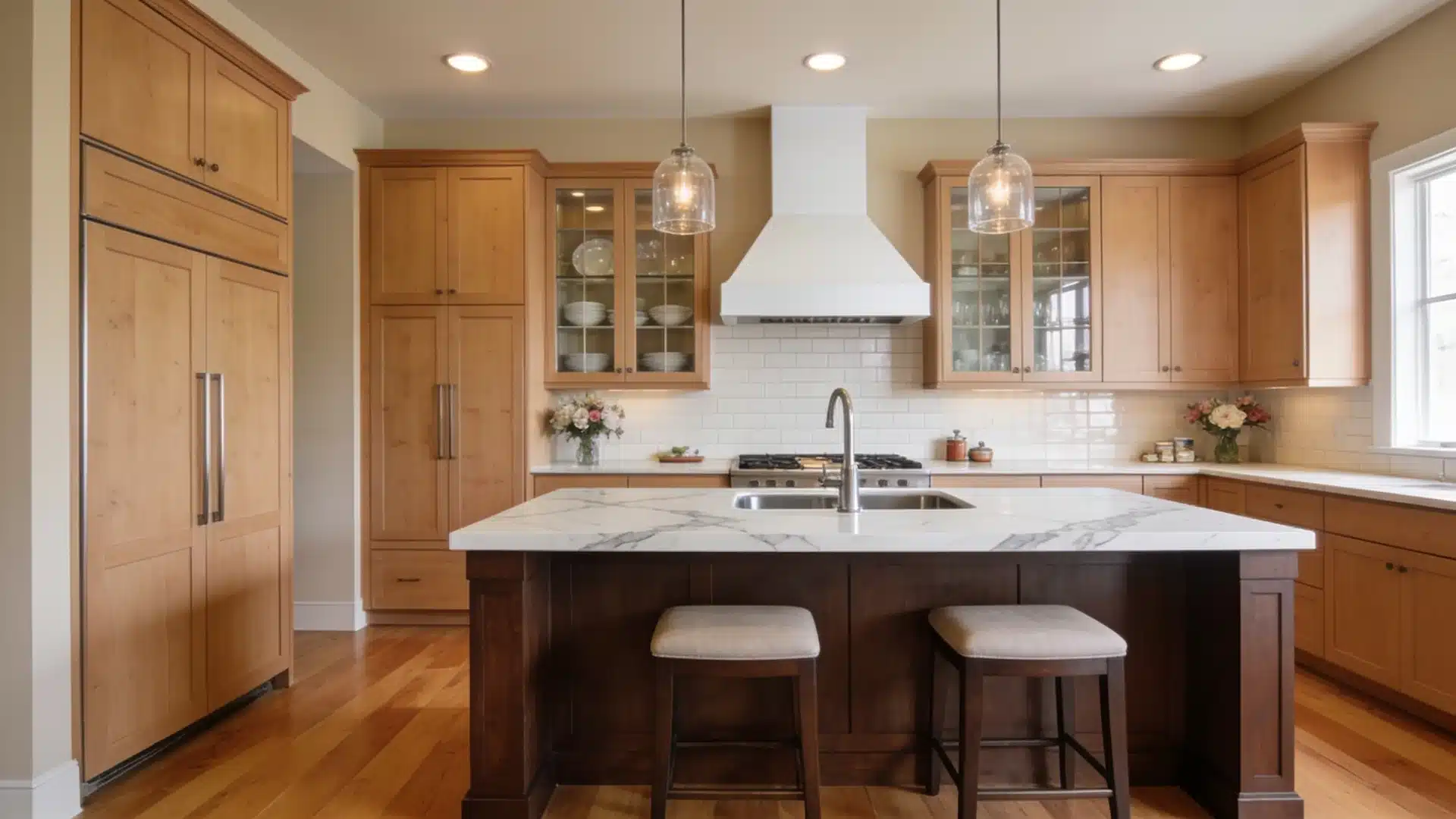 modern kitchen with wood cabinets white island pendant lights range hood and glass front storage