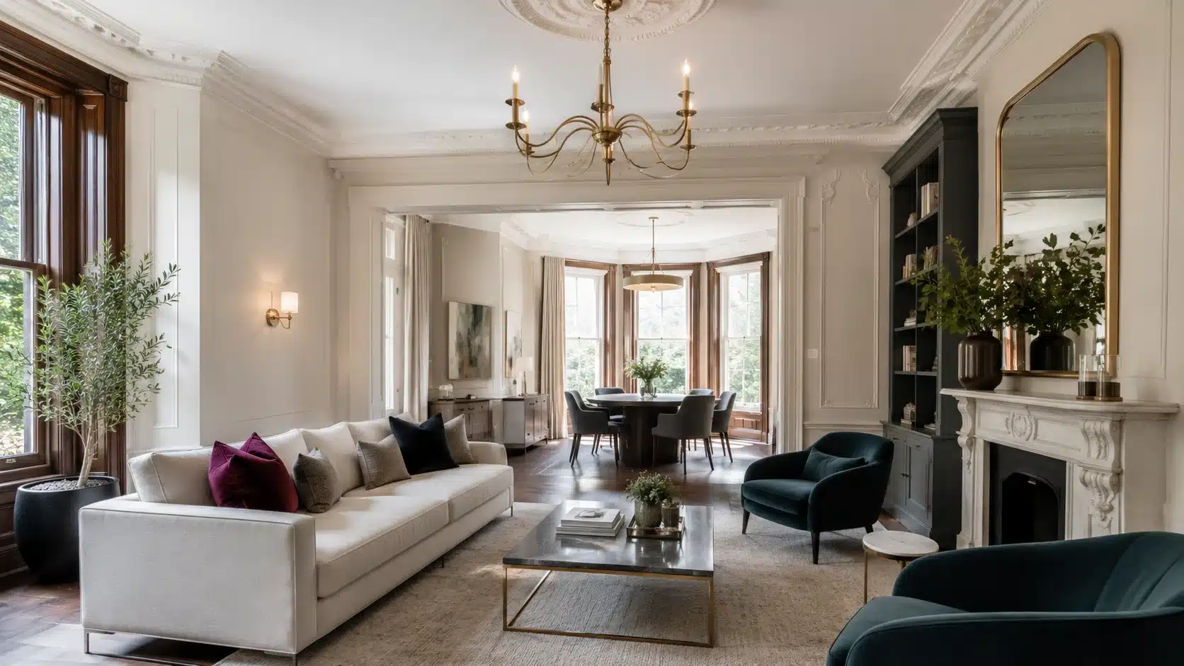 modern victorian living room with ornate molding chandelier neutral sofa jewel tone chairs and open dining area windows